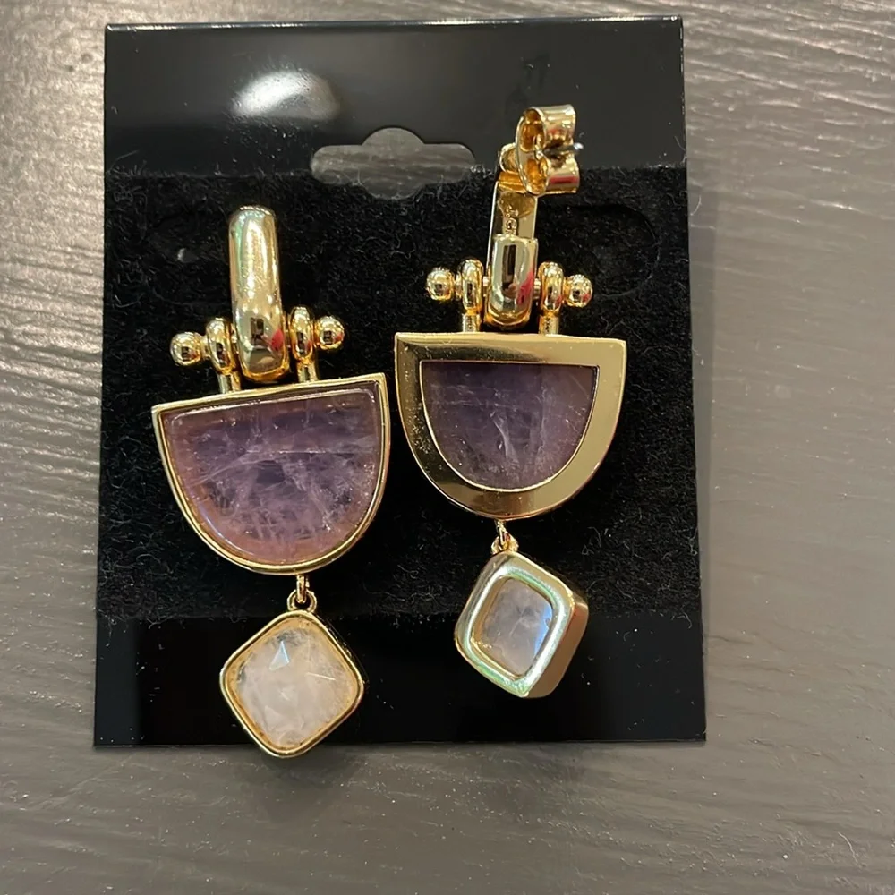 J.Crew Bobbi Stone Drop Earring Purple Multi Quartz Gold Plated, pierced. - Picture 2 of 3